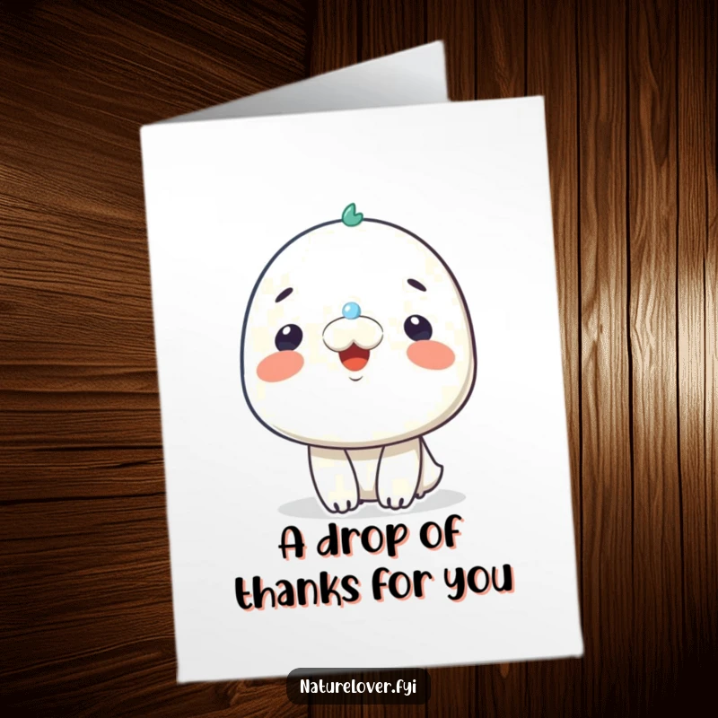 Funny Free Printable Thank You Card: Character smiles happily receiving a tiny raindrop on its nose, saying thanks.