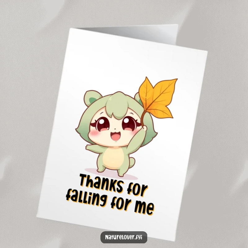 Funny free printable thank you card, nature lover character joyfully catching a leaf with thankful eyes.