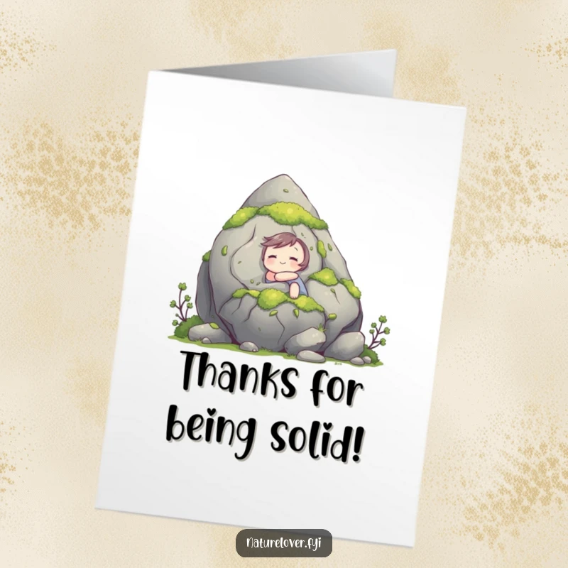 Funny Free Printable Thank You Card: A cute character hugs a giant mossy rock, showing heartfelt thanks.