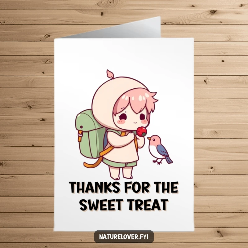 Funny Free Printable Thank You Card: Character with backpack, offering a berry to a small bird in thanks.