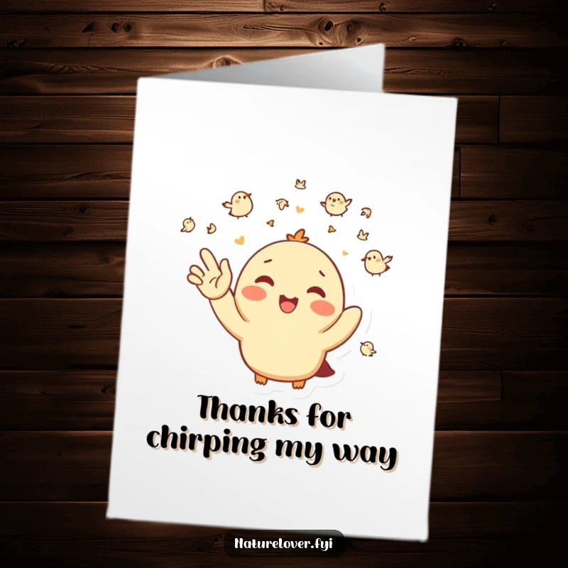 Funny Free Printable Thank You Card: Happy character enthusiastically waving at a flock of tiny birds, conveying warm thanks.