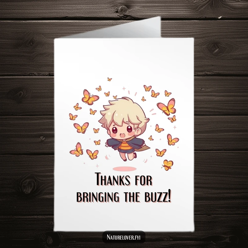 Funny Free Printable Thank You Card: Character enjoys a playful butterfly chase, expressing thanks. Printable greeting.