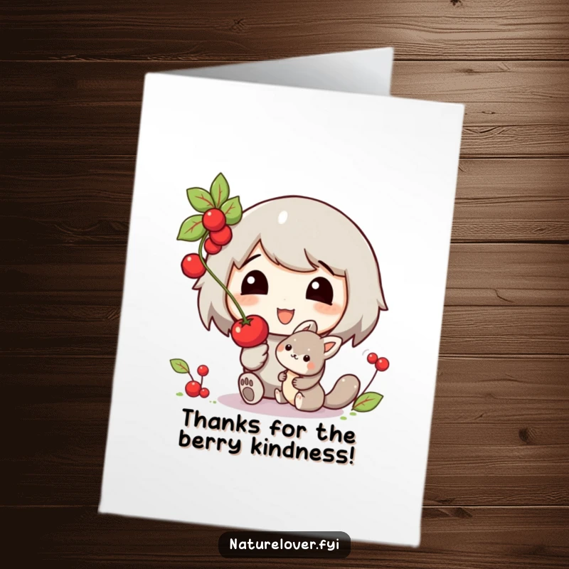Funny Free Printable Thank You Card: Character offers berry to a small creature, a gesture of sweet, humorous gratitude.