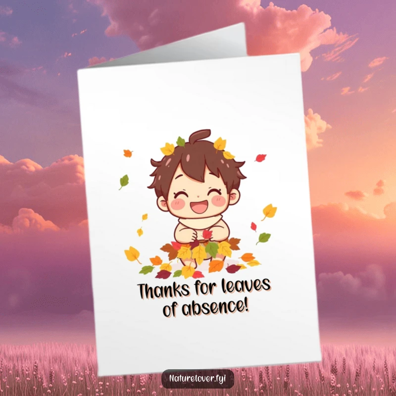 Funny Free Printable Thank You Card: Character with a big grin collects vibrant fallen leaves, expressing thanks.
