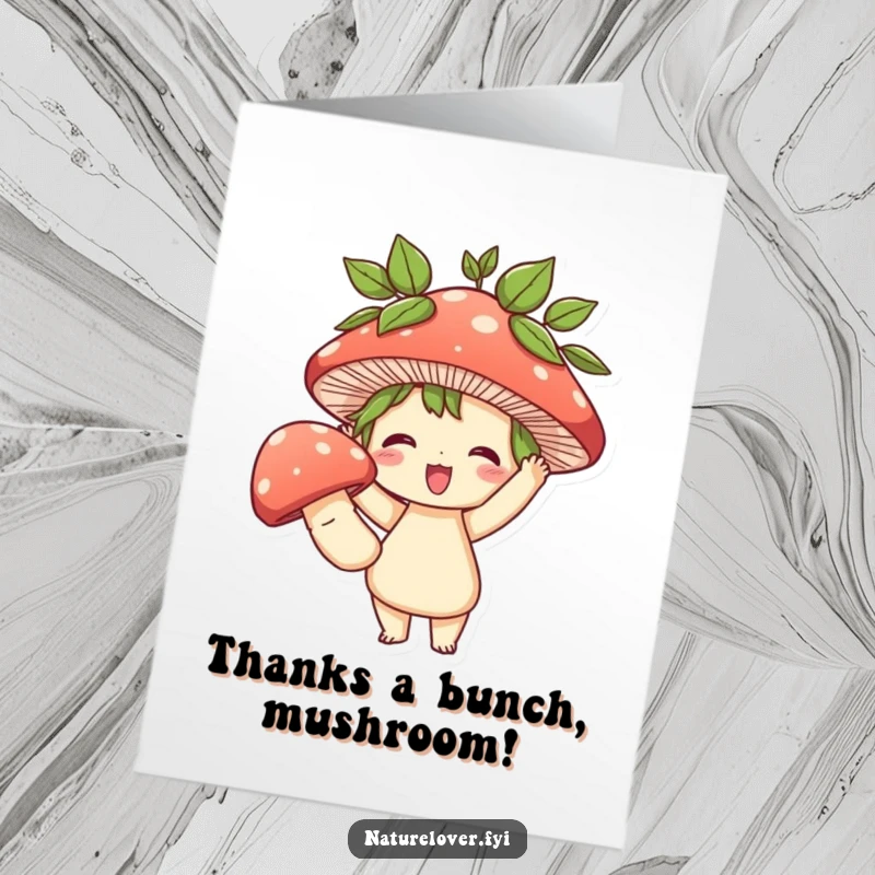 Funny Free Printable Thank You Card: Character with leaves in hair, holding a giant mushroom in thanks.