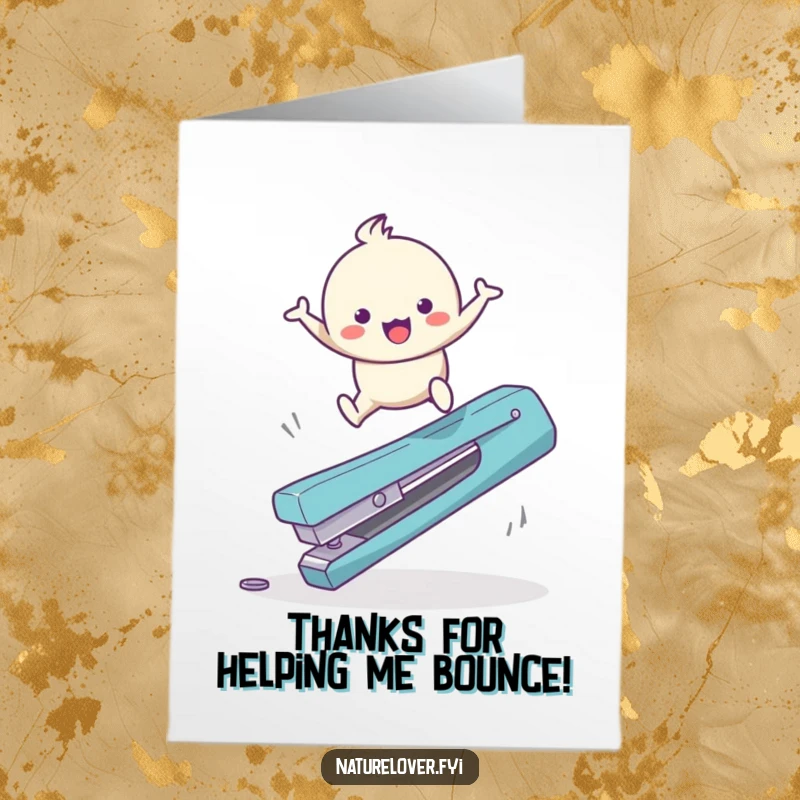 Funny Free Printable Thank You Card: Cute character happily bouncing and leaping over a huge twig, a fun way to say thanks.