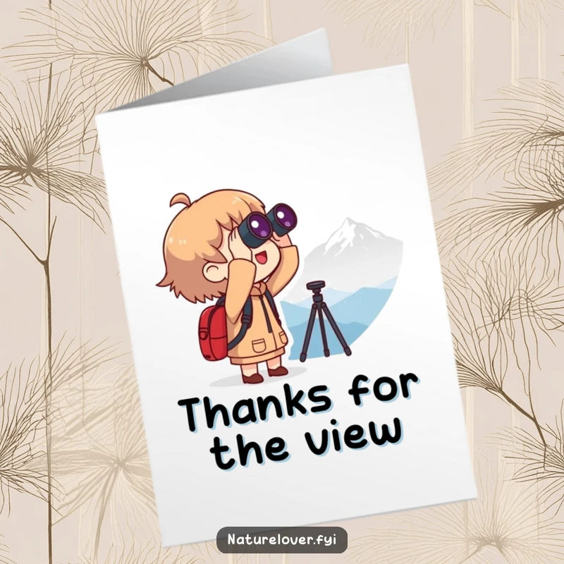 Funny Free Printable Thank You Card: Character with binoculars, gazing at a distant, silhouetted mountain range.