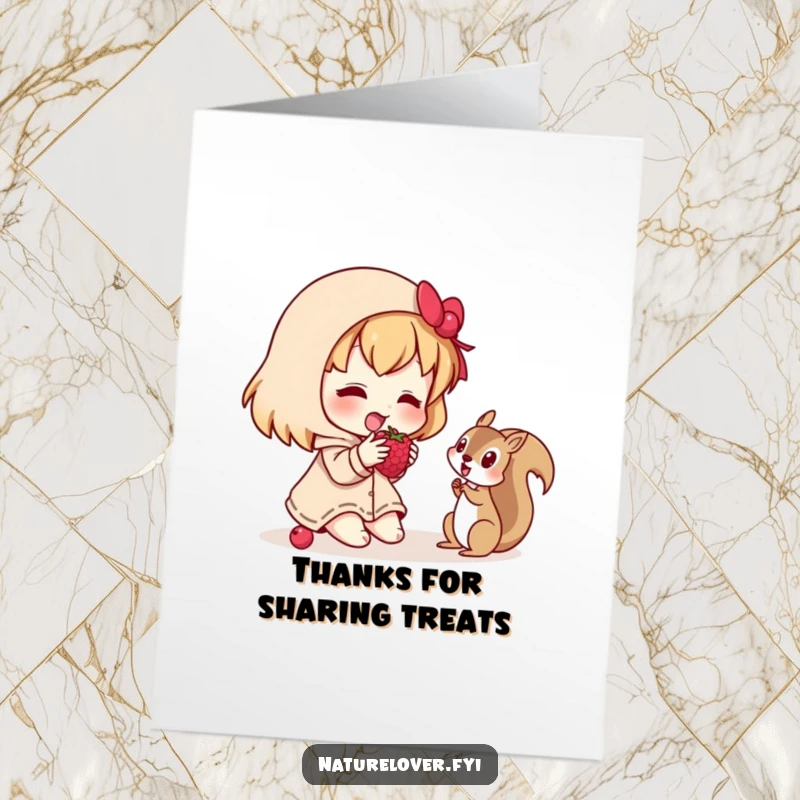 Funny free printable thank you card: a small character happily shares a juicy berry with a curious squirrel, a sweet moment.