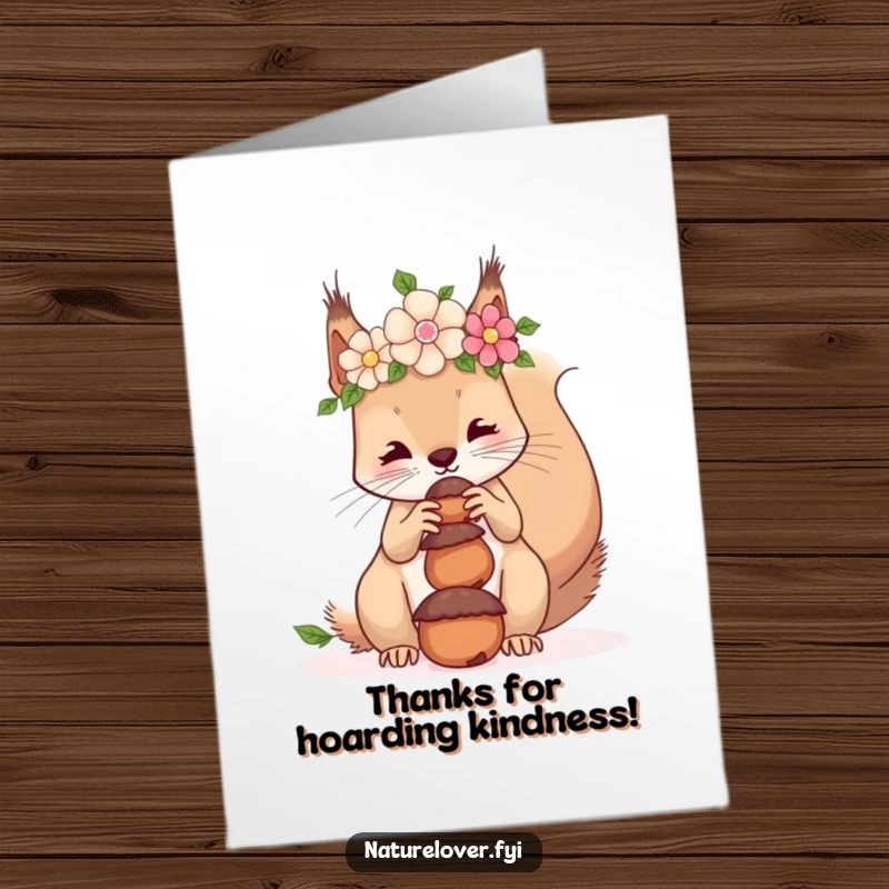 Funny Free Printable Thank You Card: A squirrel in a flower crown attempts to balance acorns on its nose, conveying thanks humorously.