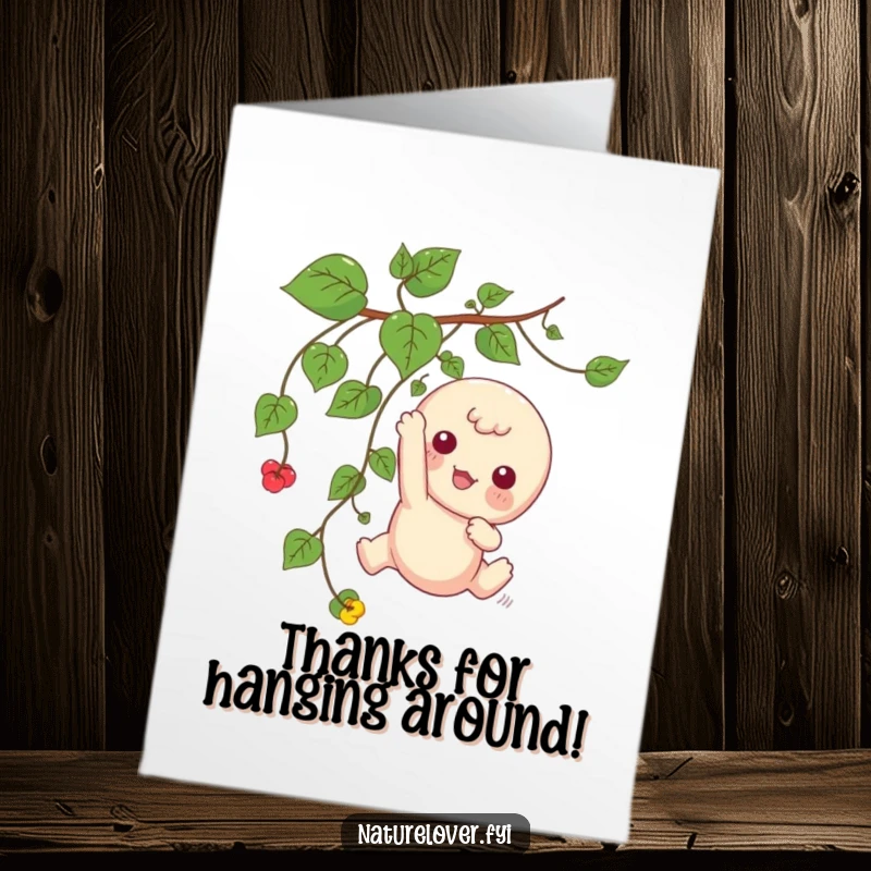 Funny Free Printable Thank You Card: Kawaii character hangs playfully from a vine, offering a sweet smile, a cute DIY thank you gift.