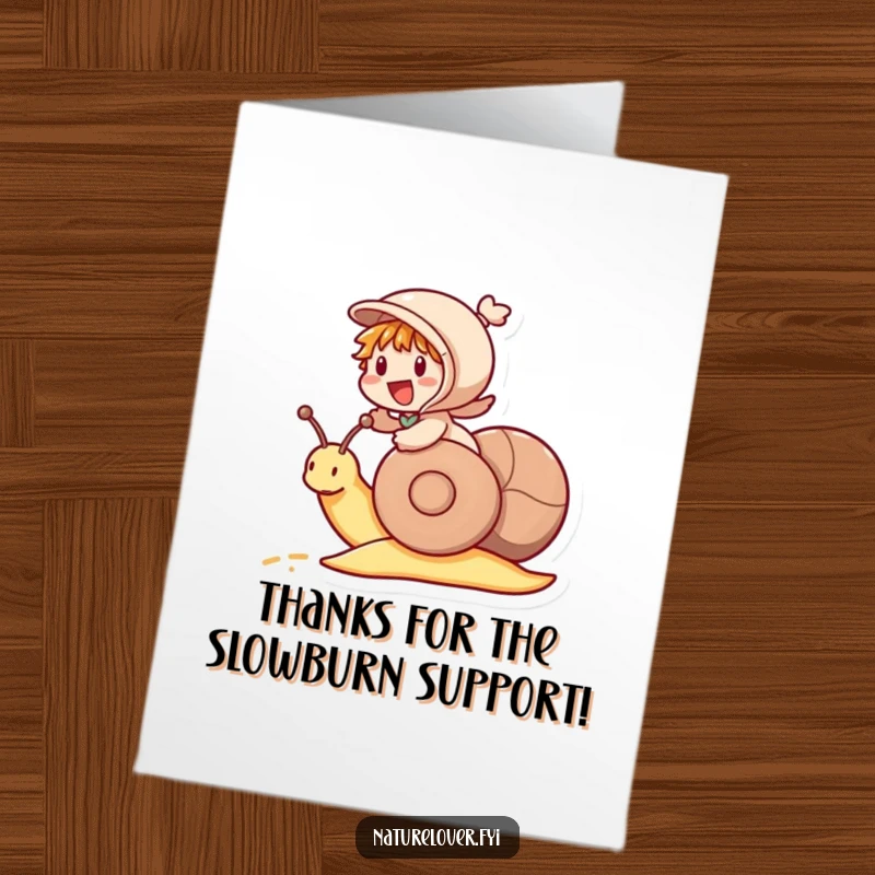 Funny Free Printable Thank You Card: Little character cheers wildly riding a snail as if it's a speedy racehorse, a fun DIY gift.