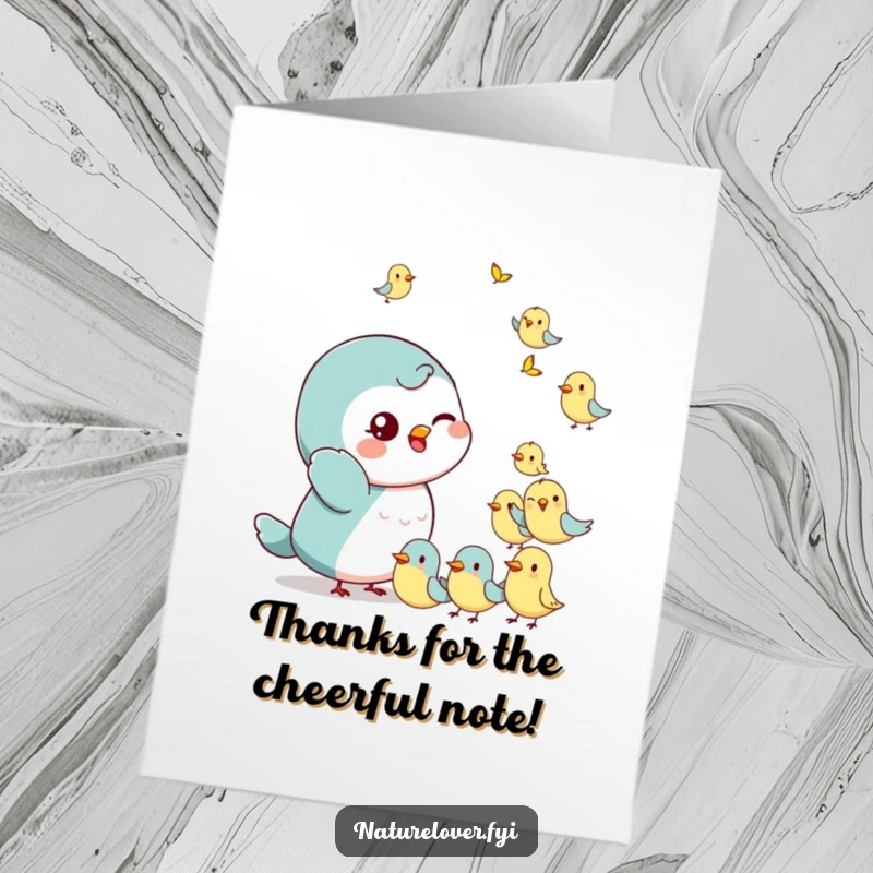 Funny Free Printable Thank You Card: Small character with a playful wink waves at tiny, cheerful birds, a friendly way to say thanks.