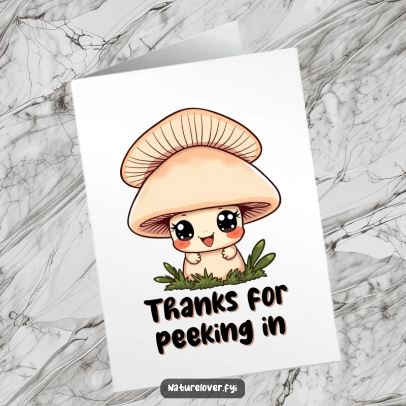 Funny Free Printable Thank You Card: A cute character with wide eyes and a playful grin peeks from behind a mushroom.