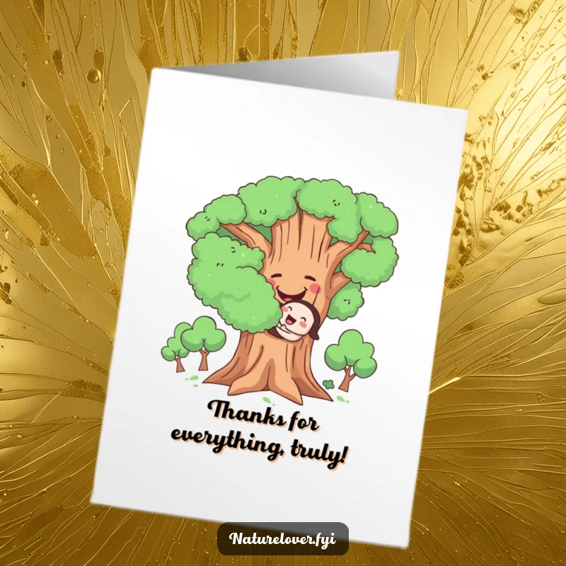 Funny Free Printable Thank You Card: A character joyfully hugging a big, smiling tree, sending thanks.