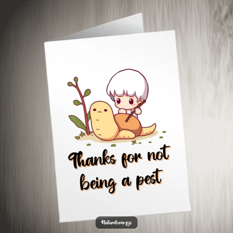 Funny Free Printable thank you card depicting a tiny character poking a worm with a twig, spreading lighthearted fun.