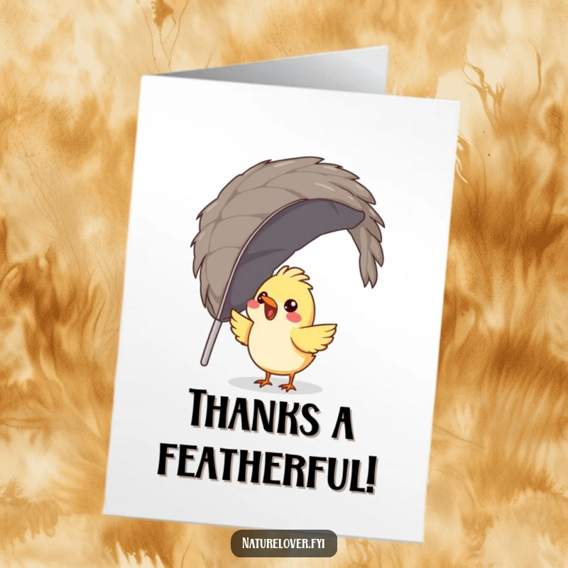 Funny Free Printable Thank You Card: A happy bird making a nest with a comically large feather.