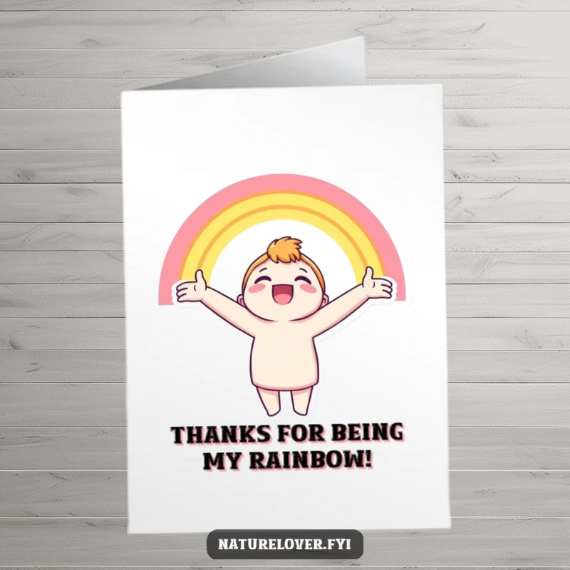 Funny Free Printable Thank You Card: Character joyfully greets a bright rainbow, expressing thanks. A warm DIY gift.