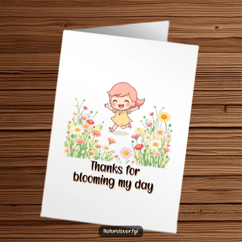 Funny Free Printable Thank You Card: Happy character skipping through a wildflower field, conveying cheerful and heartfelt thanks.