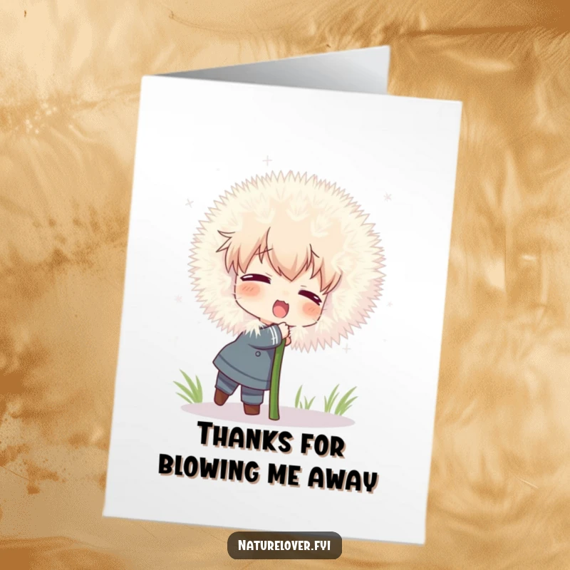 Funny Free Printable Thank You Card: Character attempts to hug a comically large, fluffy dandelion, a warm downloadable gift.