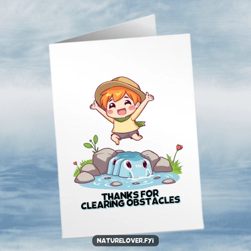 Funny Free Printable thank you card featuring a nature lover character energetically leaping over a small stream, showcasing freedom.