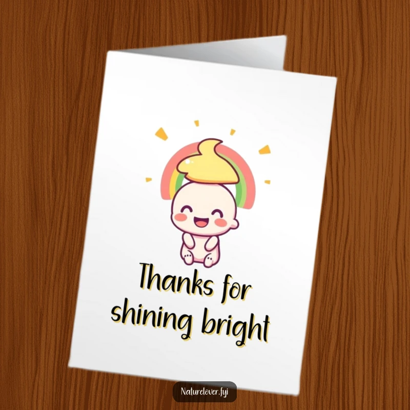 Funny Free Printable Thank You Card: Tiny character with a big smile admires a rainbow, expressing heartfelt gratitude.