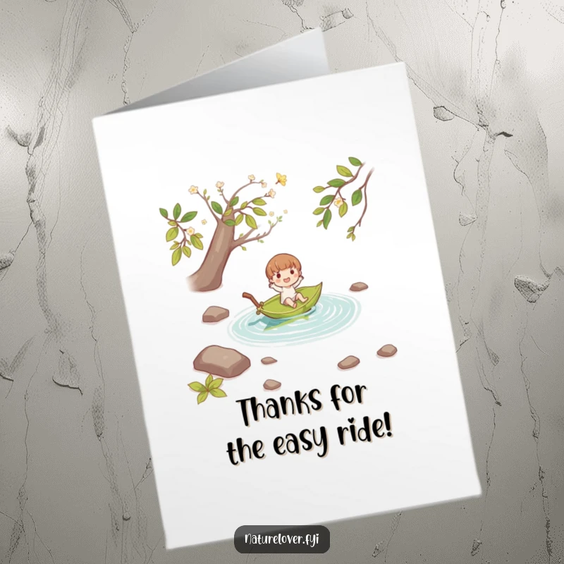 Funny free printable thank you card: small character joyfully drifting down a stream on a leaf boat, calm gratitude.