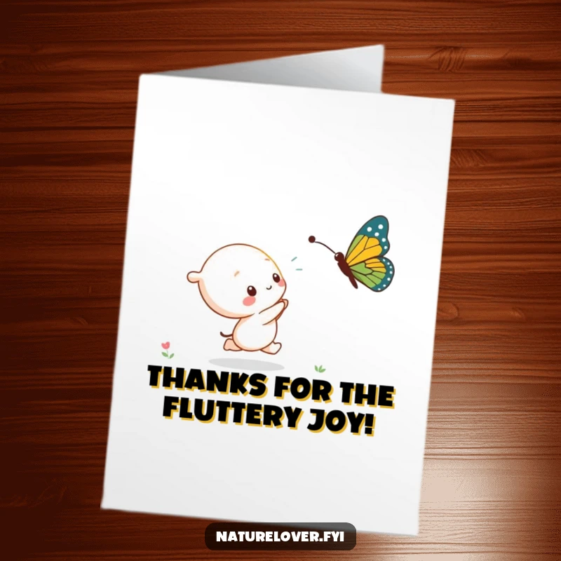 Funny Free Printable Thank You Card: Kawaii character playfully chasing a large butterfly, a charming way to express gratitude.