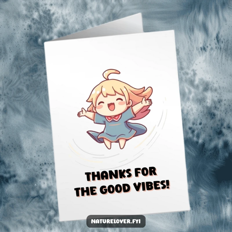 Funny Free Printable Thank You Card showing a character joyfully riding a swirling breeze, expressing thanks with lightheartedness.