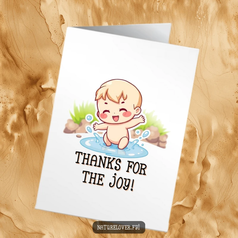Funny Free Printable Thank You Card: A joyful character delightedly splashing in a small puddle, a cute way to say thanks.