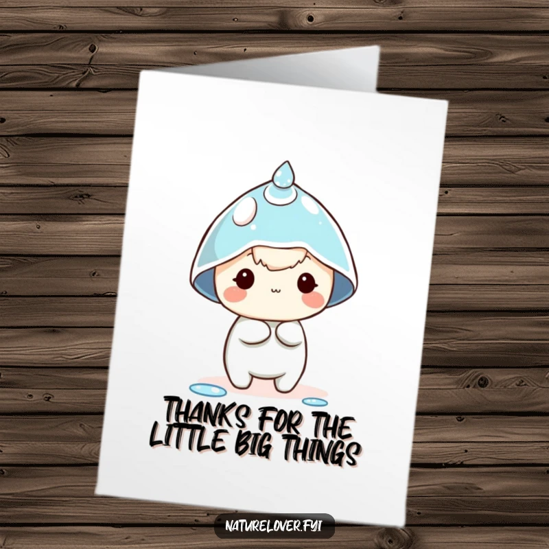 Funny Free Printable Thank You Card: A tiny character humorously tries to wear a glistening dewdrop as a fancy hat.