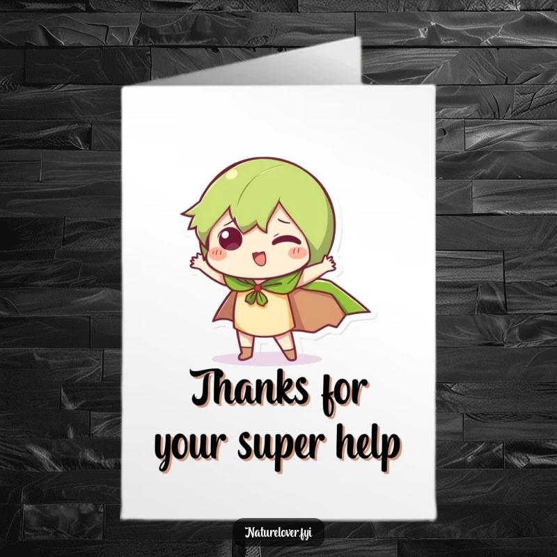 Funny Free Printable thank you card showing a little character in a leaf cape striking a dramatic and humorous pose.