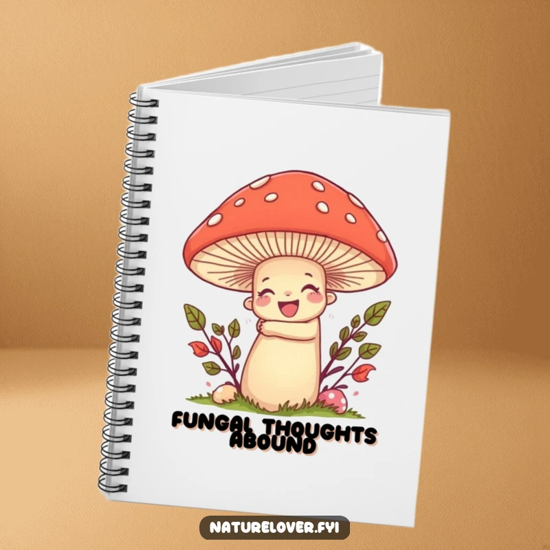 Funny notebook cover with a nature lover character enthusiastically hugging a massive, smiling mushroom, perfect for journaling.