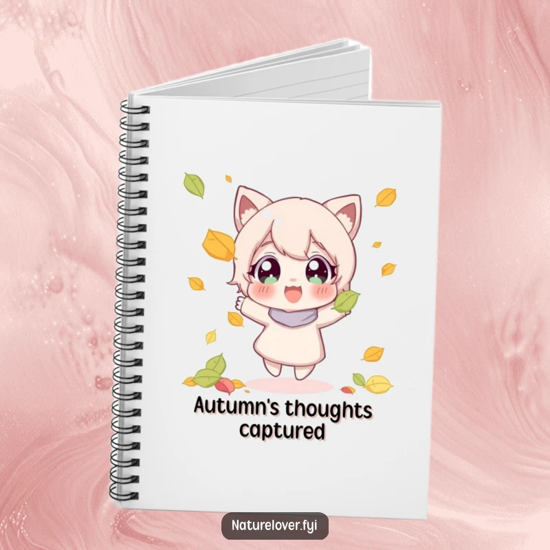 Funny notebook cover with a character joyfully catching a falling leaf, perfect for autumn-themed writing.