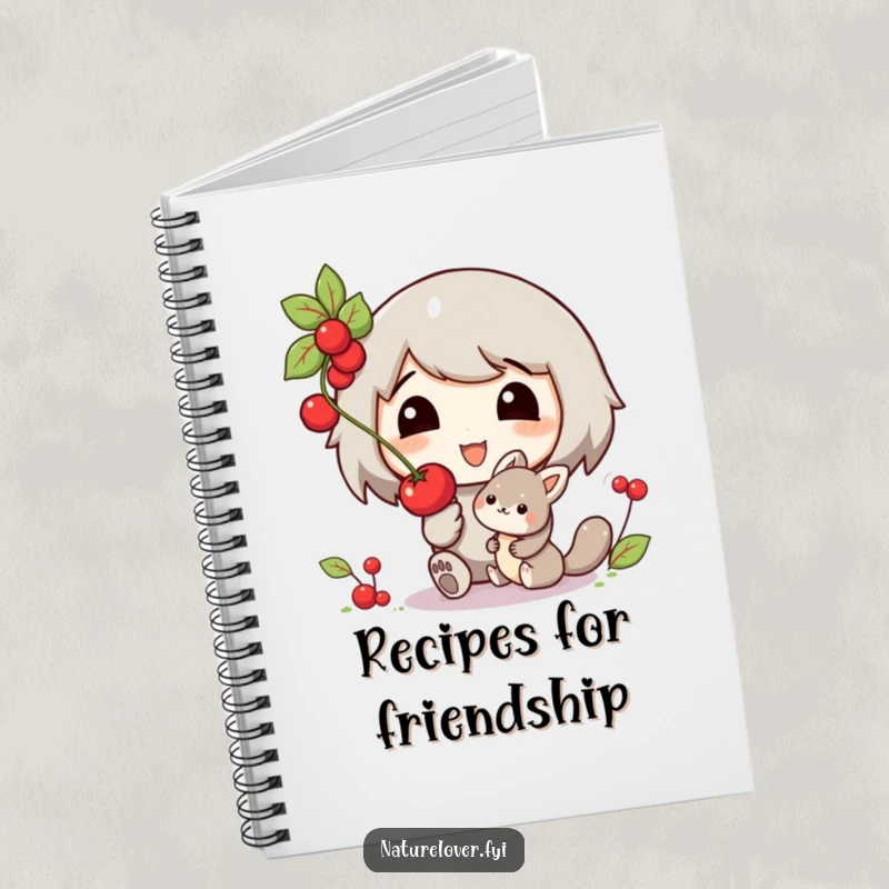 Funny notebook cover showing a smiling character offering a berry to a small, friendly woodland creature, perfect for journaling.