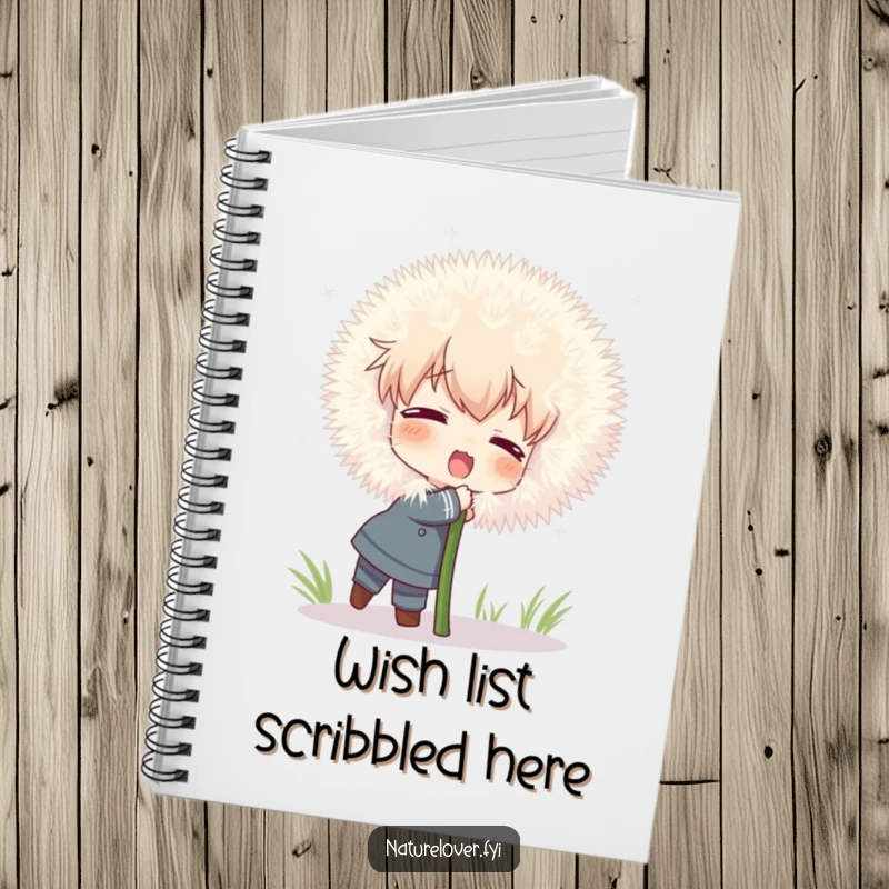 Funny notebook cover with a character attempting to hug a comically large, fluffy dandelion, inspiring whimsical writing.