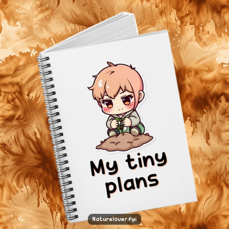 Funny notebook: cute character carefully planting a small seed. Perfect for notes and plans.