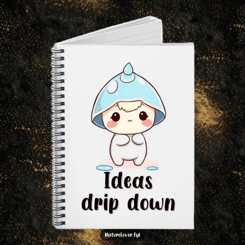 Funny dewdrop hat notebook with a tiny character comically attempting to wear a dewdrop as a hat, perfect for jotting down thoughts.