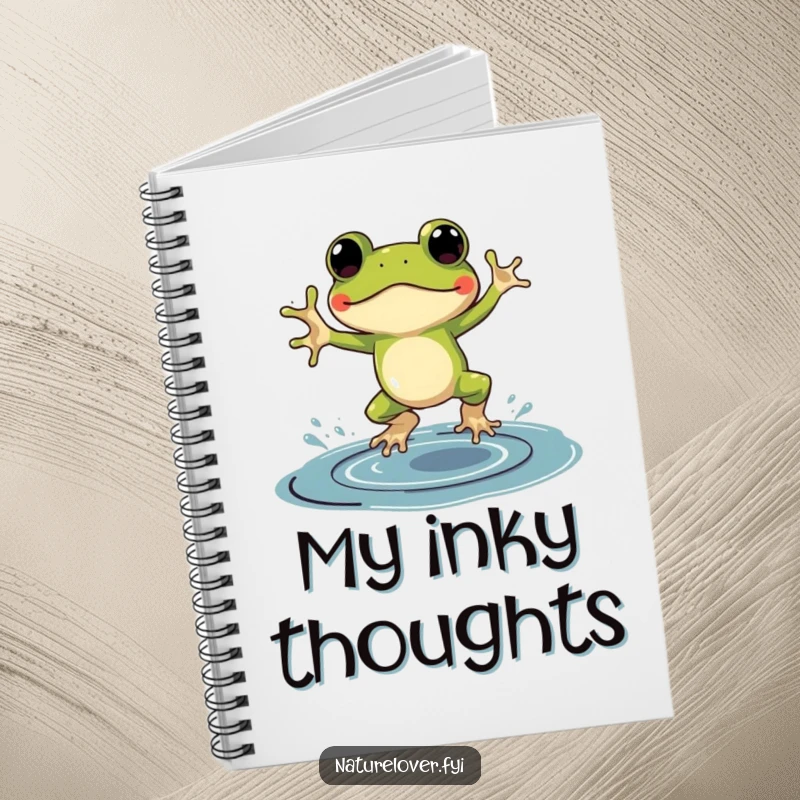 Funny notebook cover with a frog in tiny galoshes, joyfully jumping in a large puddle of ink.