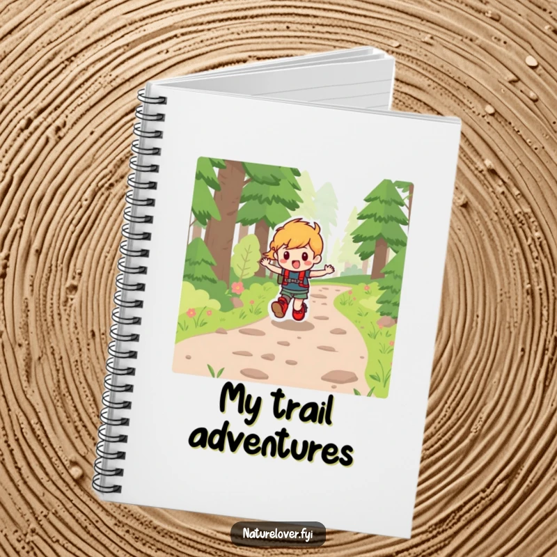 Funny notebook cover with a character in hiking boots skipping joyfully on a forest path, inspiring outdoor writing.