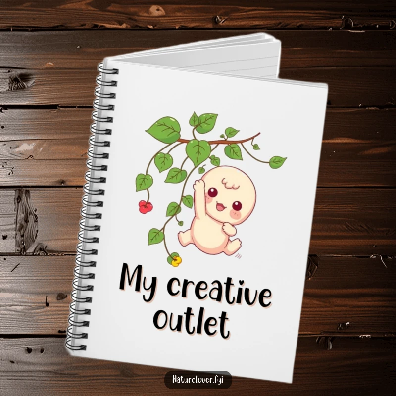 Funny notebook cover featuring a kawaii character playfully dangling from a vine, a humorous prompt for writing.