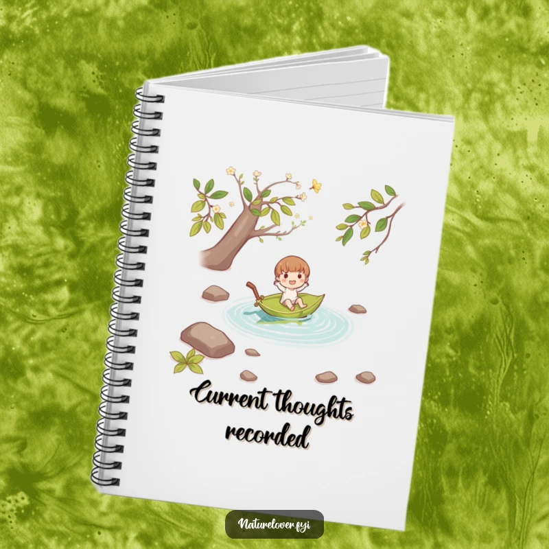 Funny small character joyfully floating down a stream on a fallen leaf boat, inside a handy notebook for your thoughts.