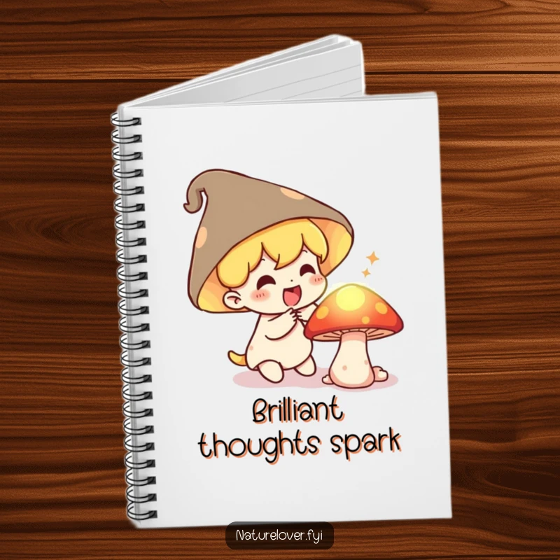 Funny Notebook: Small character gasps with delight discovering a secret, glowing mushroom, ideal for journaling magical thoughts.