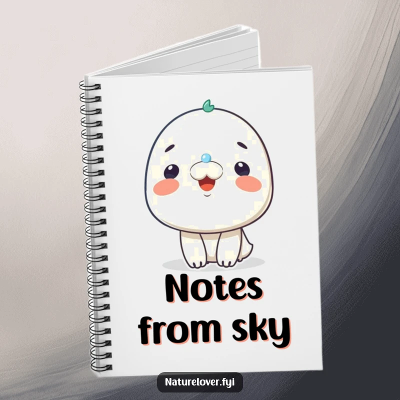Funny notebook cover with a smiling character delightedly receiving a tiny raindrop on its nose, inspiring cheerful notes.