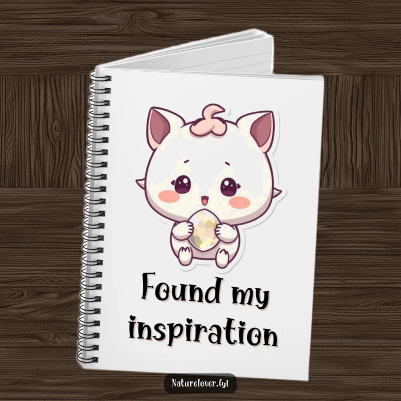 Funny Notebook cover art of a character in surprised delight holding a sparkling pebble, perfect for journaling.