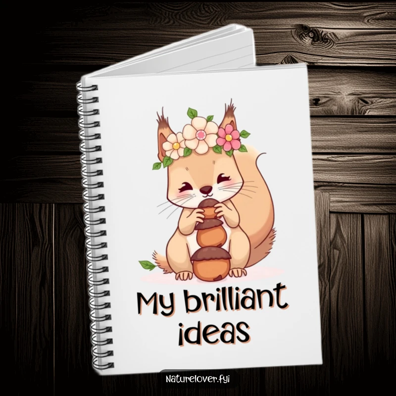 Funny notebook cover with a squirrel in a flower crown, balancing acorns on its nose, inspiring cheerful writing.