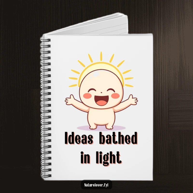 Funny notebook cover showing a happy character with arms spread, enjoying a sunbeam, ideal for capturing bright thoughts.