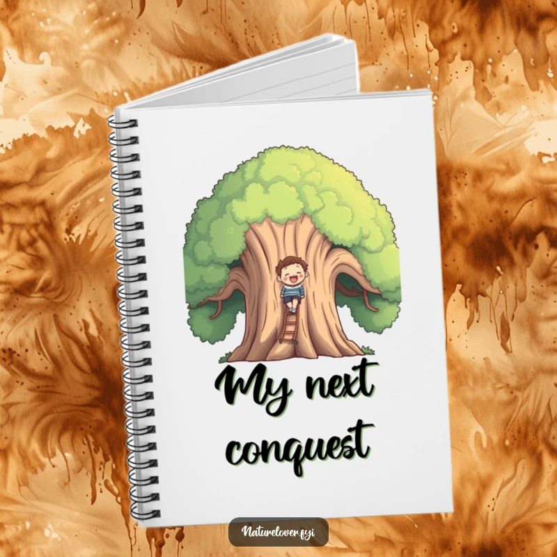Funny smiling figure climbing a colossal, friendly tree, depicted on a durable notebook for recording ideas.