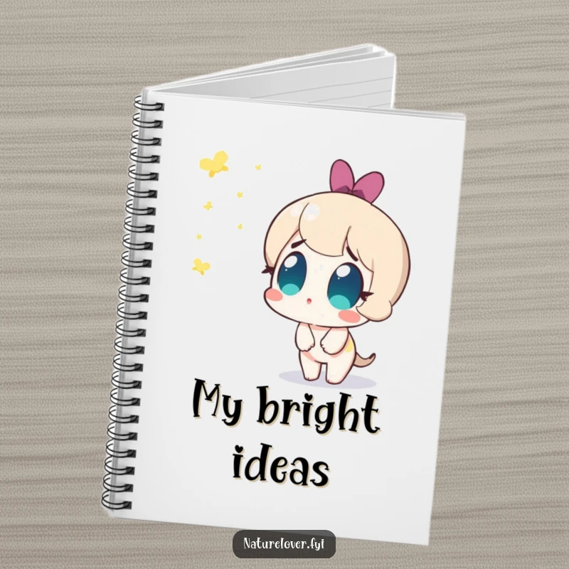 Funny notebook cover with a cute character amazedly watching fireflies appear, perfect for jotting down ideas humorously.
