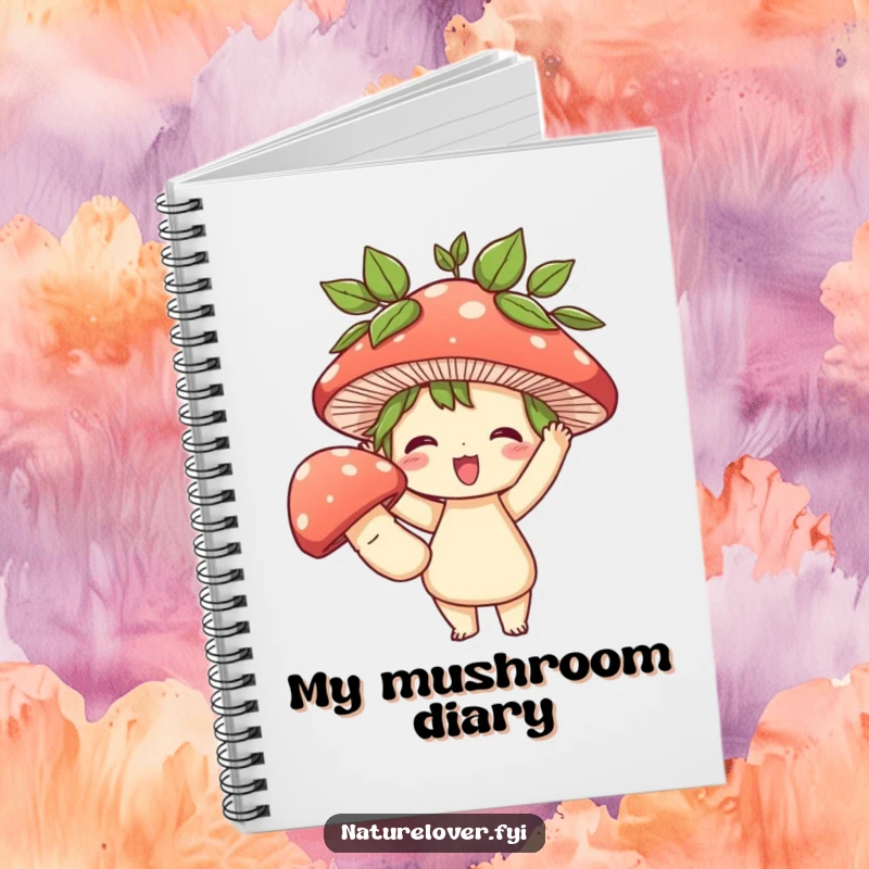 Funny notebook cover featuring a cute character with leaves in hair triumphantly holding a large mushroom, ideal for a funny nature journal.