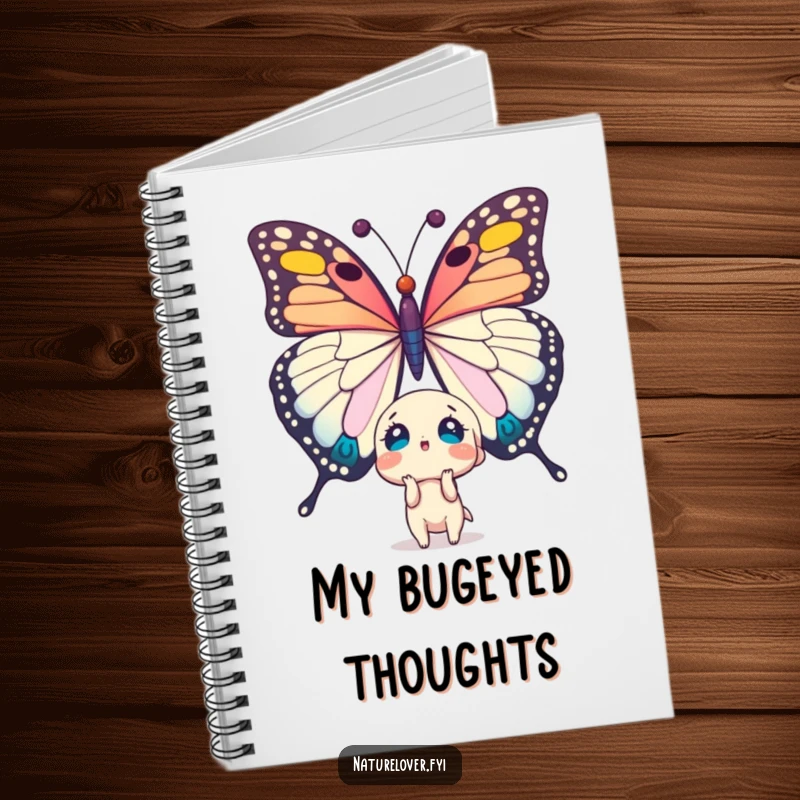 Funny notebook: cute character astonished by a giant butterfly. Ideal for notes and sketches.